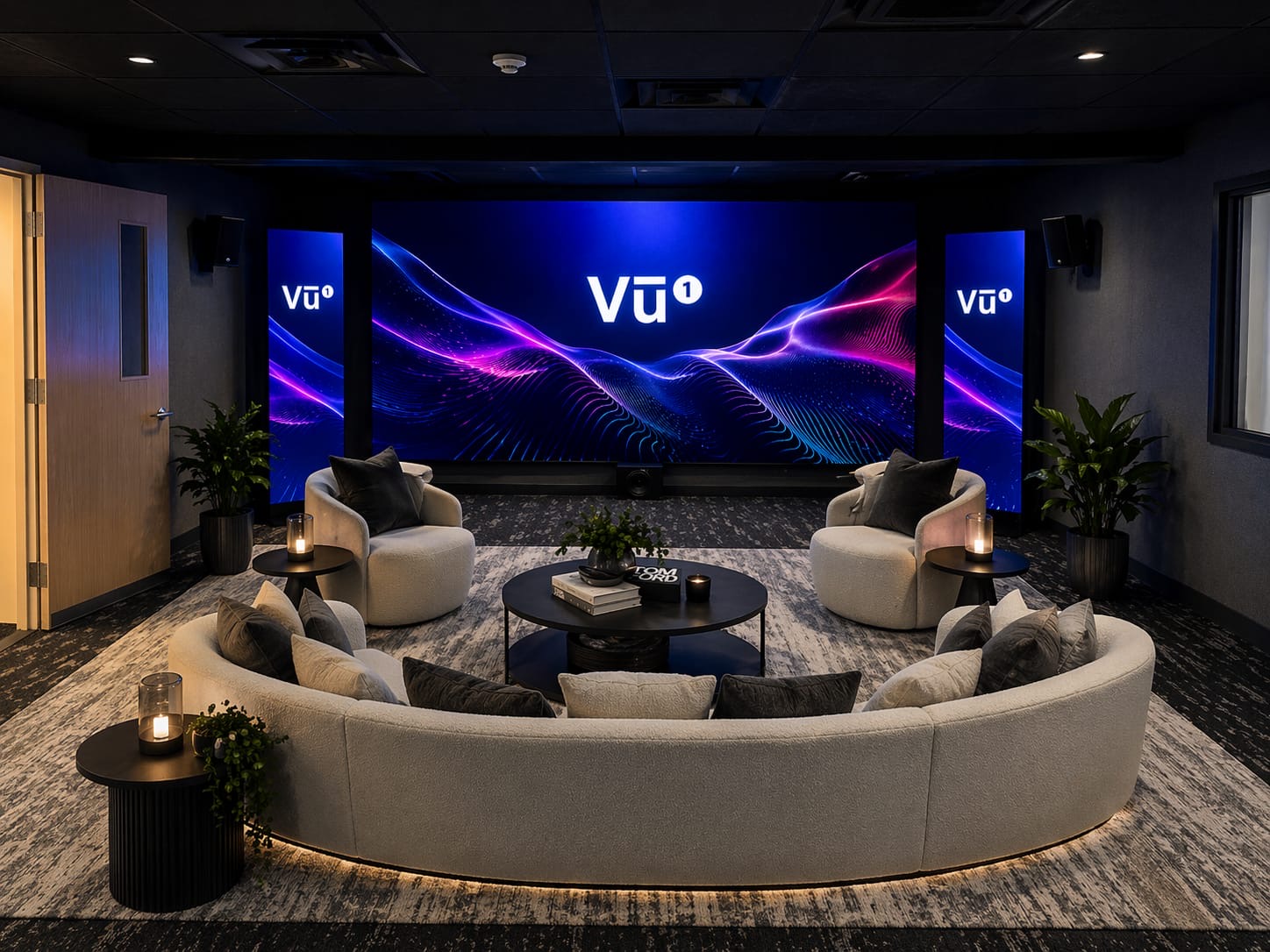 Screening lounge with large video wall